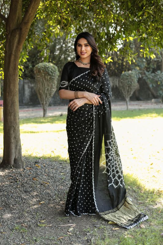 Black Wevon Jari Pallu Designer & Bandhej Printed Silk Saree