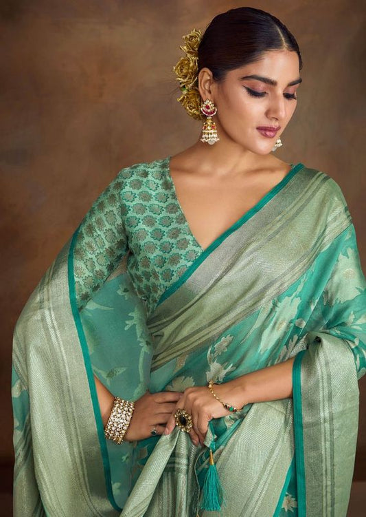 Sea Green Wevon Brasso Work Moss Brasso Saree