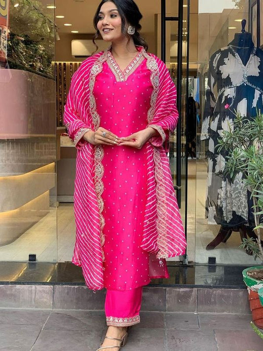 Pink Color Designer Partywear Silk Crepe Fabric Embroidered Suit