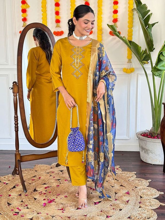 Beautiful Mustard Color Viscose Chanderi Fabric Graceful Embroidered Readymade Suit