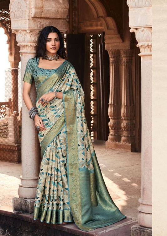 Blue Weaving Border Designer & Digital Printed Handloom Silk Saree