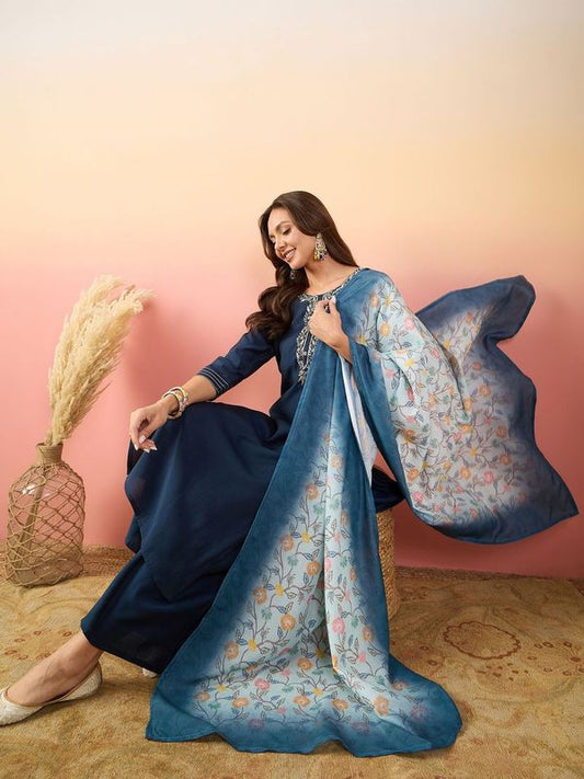 Blue Color Rich Looks Hand Woven Readymade Dress With Sophisticated Embroidery Work