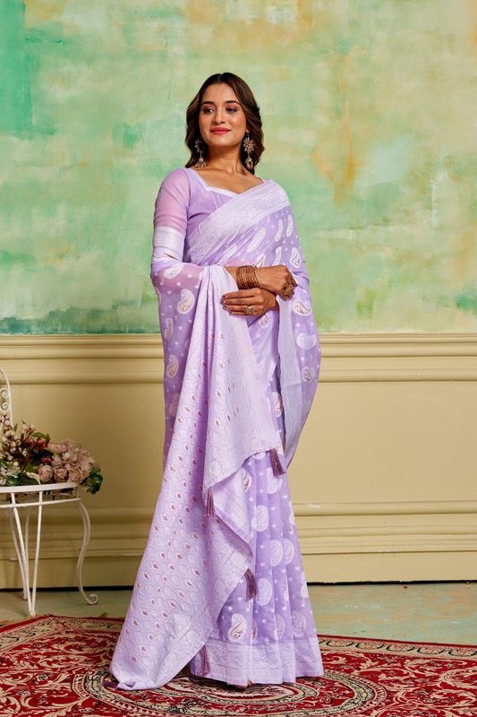 Lavender Color Cotton Fabric Wevon Designer Ethnic Festive Wear Saree