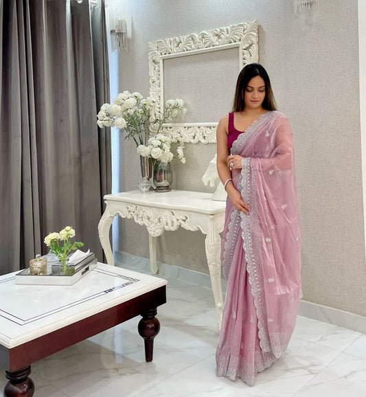 Onion Silver Jari & Sequance Embroidery Work Burberry Silk Saree