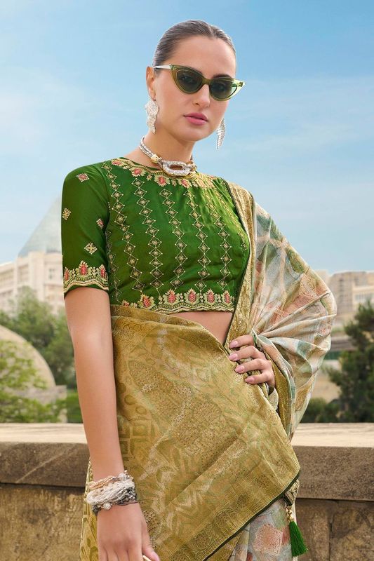 Green Wevon Designer & Embroidery Work Jacquard Silk Saree