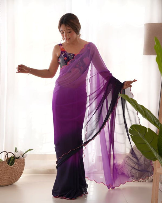 Purple Faux Georgette Bollywood Style Padding Color Saree With Beautiful Embroidery Work