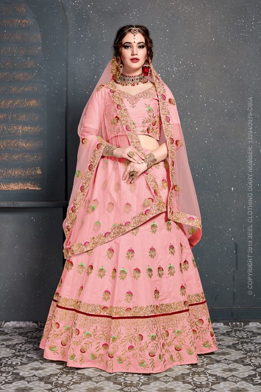 Pink Women's Slub Silk Embroidery Lehenga Choli