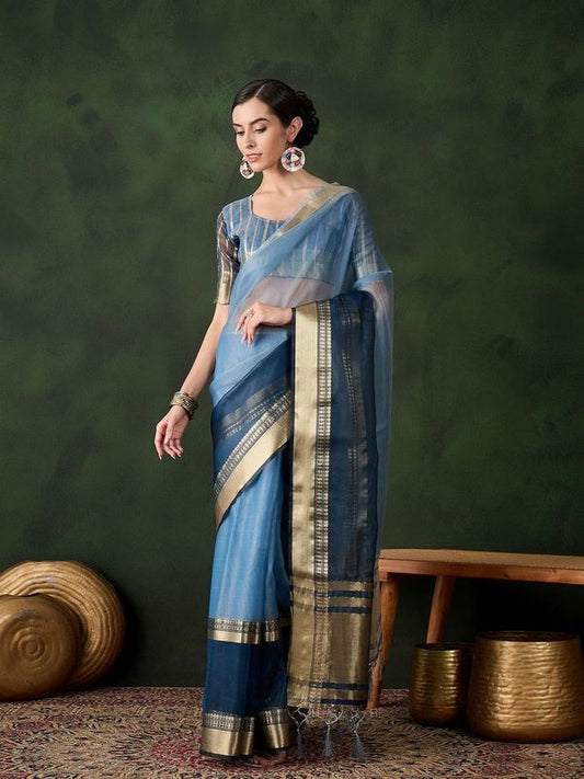 Blue Wevon Jacquard Designer Khadi Organza Saree