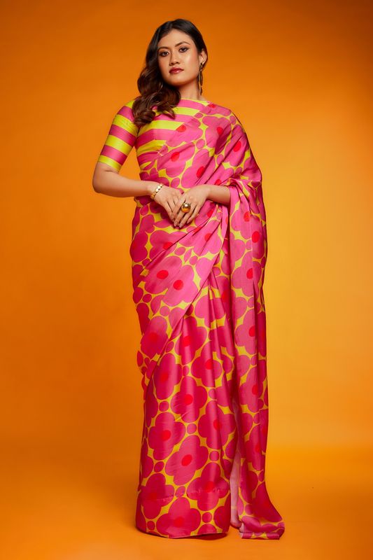 Pink Digital Printed Satin Georgette Saree