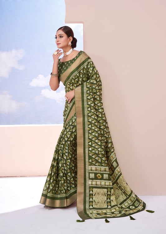 Camo Green Wevon Border Designer With Printed Dolla Silk Saree