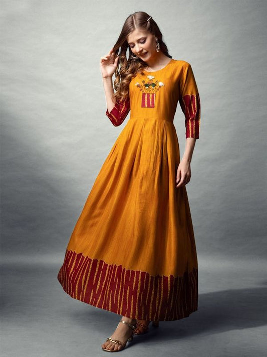 Mustard Color Rayon Fabric Beautiful Designer Printed With Hand Work Long Kurti