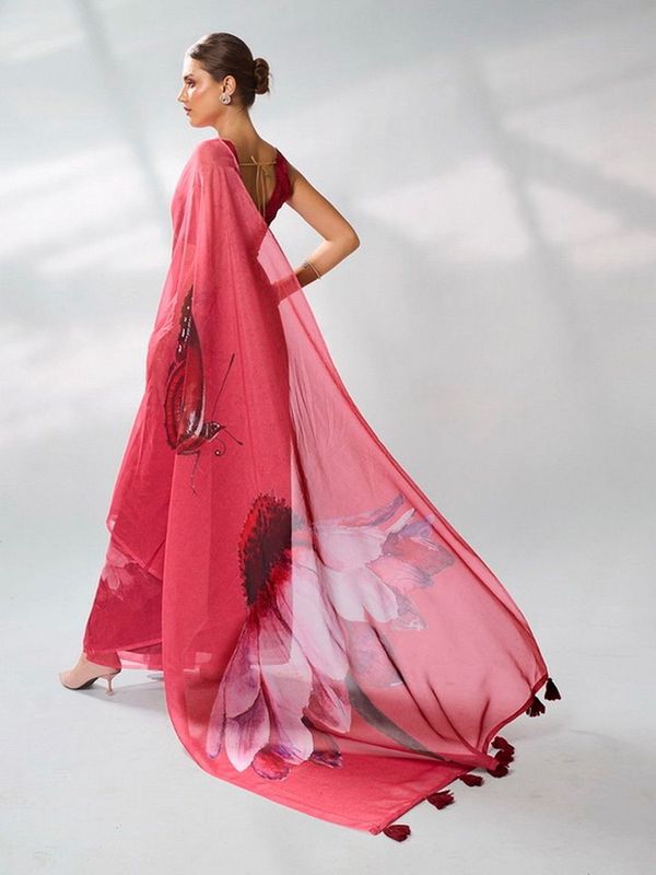 Burgundy Color Organza Fabric Designer Printed Graceful Bollywood Style Party Saree