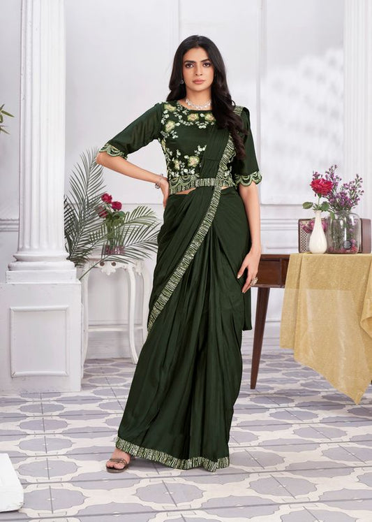 Olive Designer Sequance Embroidery & Hand Work Shimmer Georgette Saree