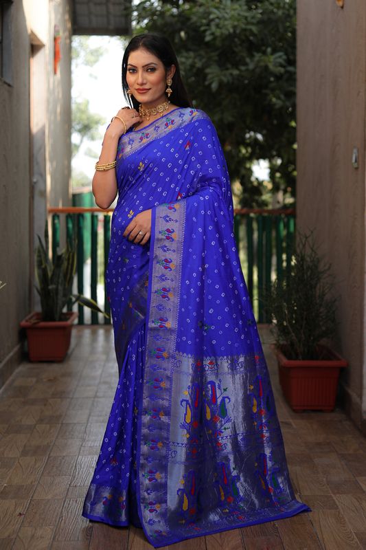 Blue Dola Silk Wevon Paithani Designer Saree With Festive Bandhej Print