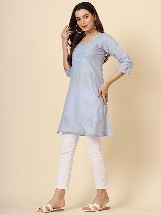 Light Blue Cotton Thread Embroidery Work Formal Looks Classy Casual Looks Kurta