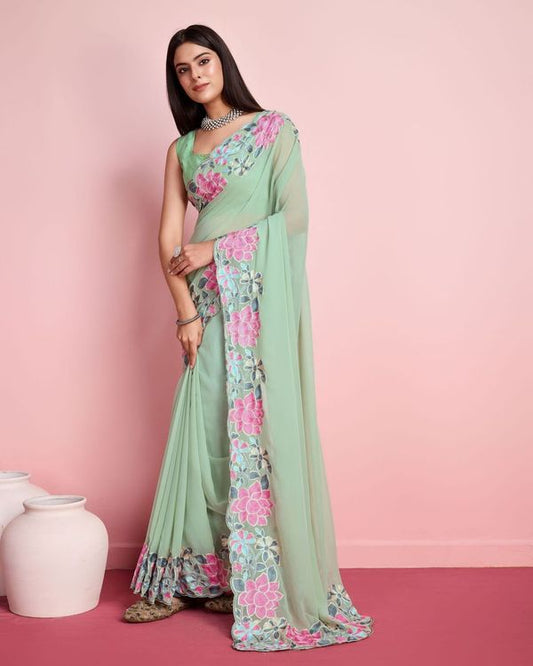 Pista Multy Thread Embroidery Work Georgette Saree