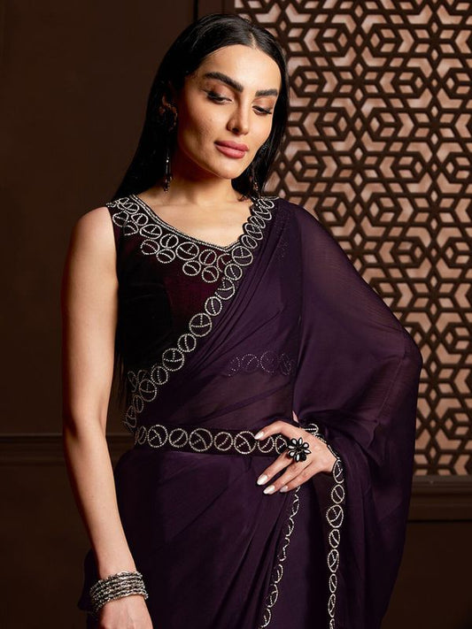 Purple Stone Work Satin Chiffon Saree