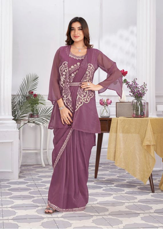 Wine Designer Sequance Embroidery & Hand Work Organza Saree