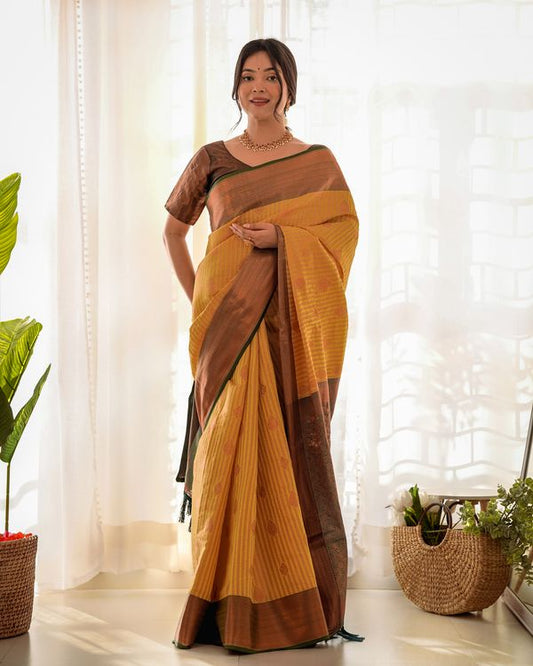 Mustard Wevon Copper Jari Designer Kanjivaram Silk Saree