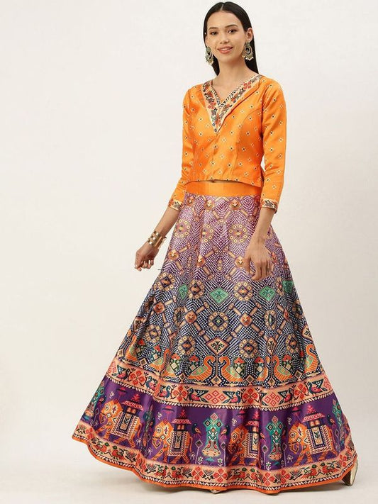 Ethnic Motifs Digital Print Shiney Satin Croptop Lehenga Choli With Blouse For Women and Girls