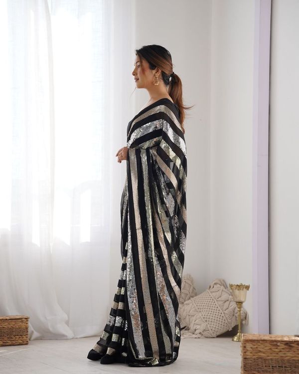 Black Sequance Embroidery Work Border Georgette Saree
