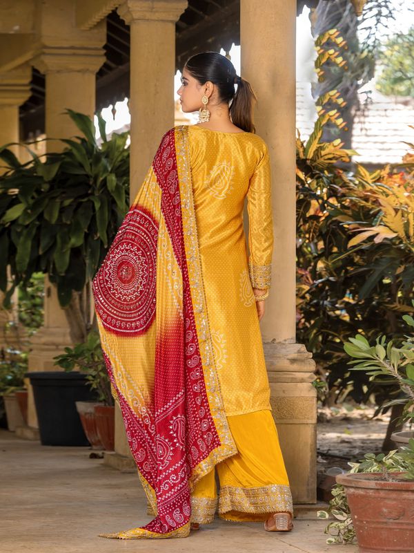 Yellow Chinon Bandhani Printed Heavy Salwar Kameez With Jari And Mirror Embroidery Work