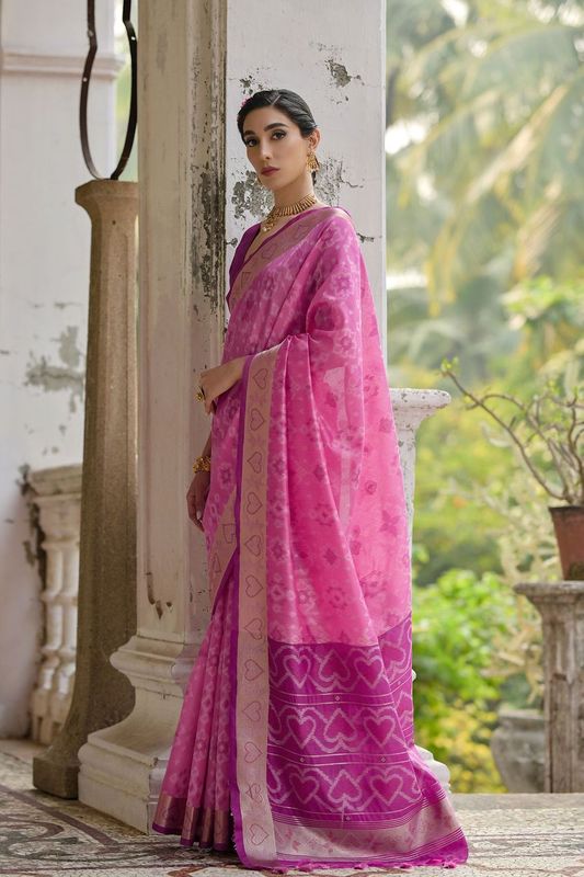 Pink All Over Ikkat Woven Design With Contrast Pallu  Saree