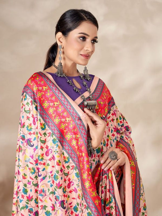 Cream Designer Digital Printed Pashmina Saree