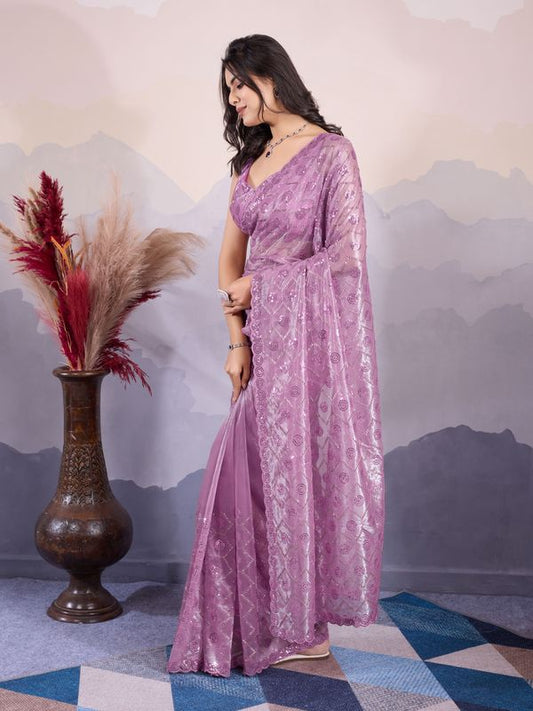 Purple Designer Sequance Embroidery Work Twill Net Saree