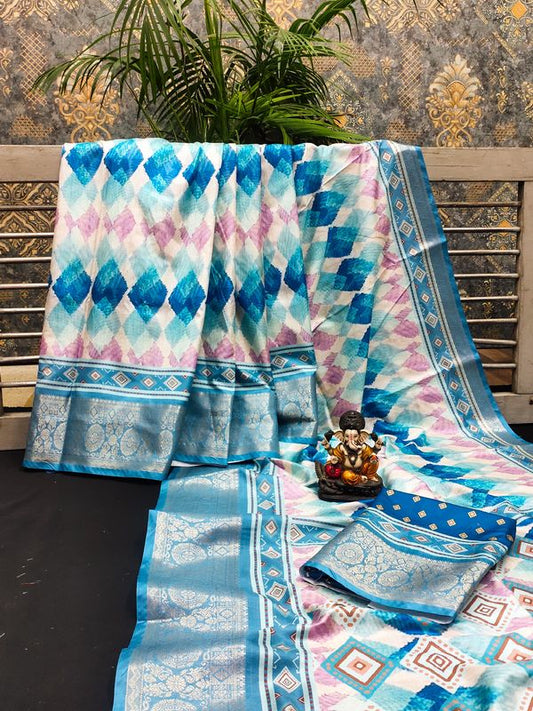 Blue Dola Silk Wevon Designer Heavy Ethnic Saree With Trendy Digital Printed