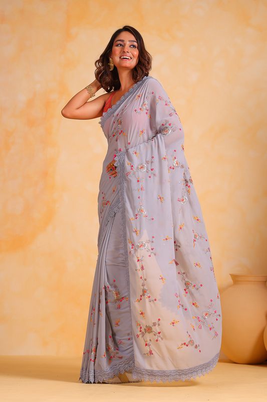 Grey Thread Embroidery With Cut Work Georgette Saree