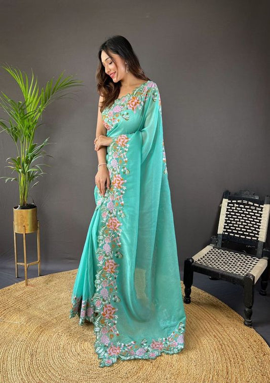 Sea Green Color Glossy Silk Cross Stich Embroidery Cut Work Adorable Partywear Girlie Saree