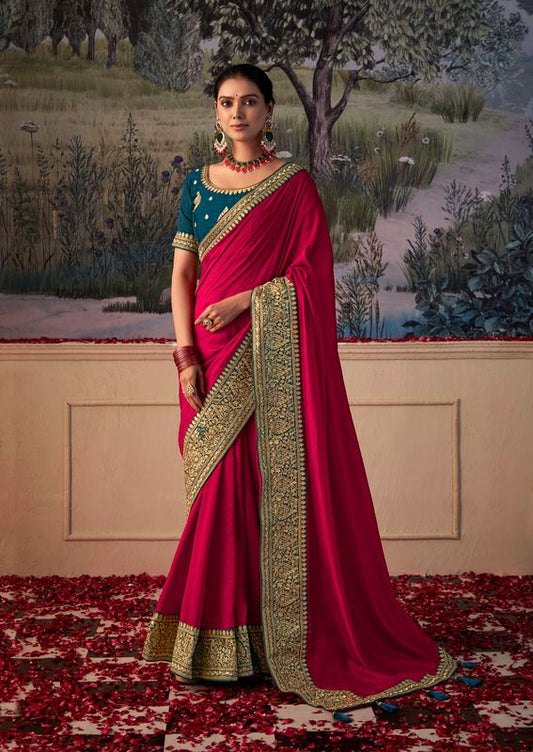 Wine Red Wevon Lace Border Designer Embroidery Work Vichitra Saree