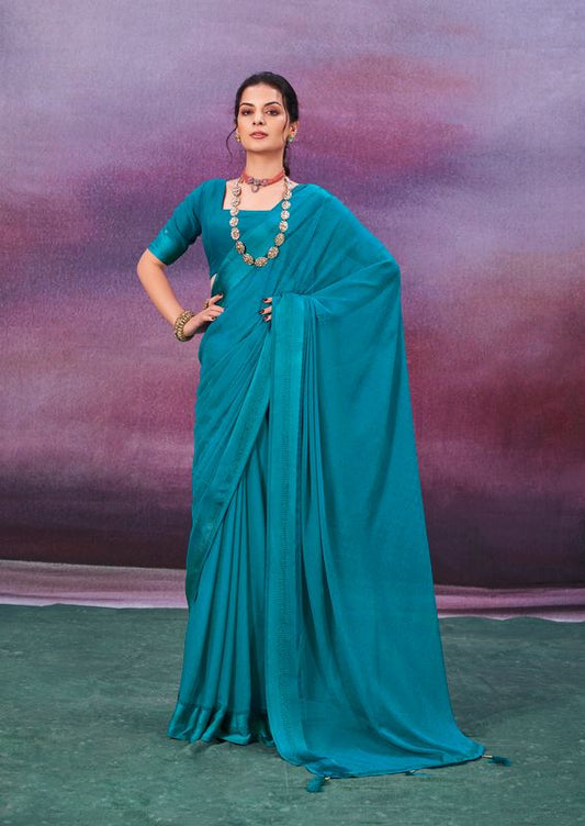 Peacock Blue Wevon Patta Designer With Swarovski Work Chiffon Saree