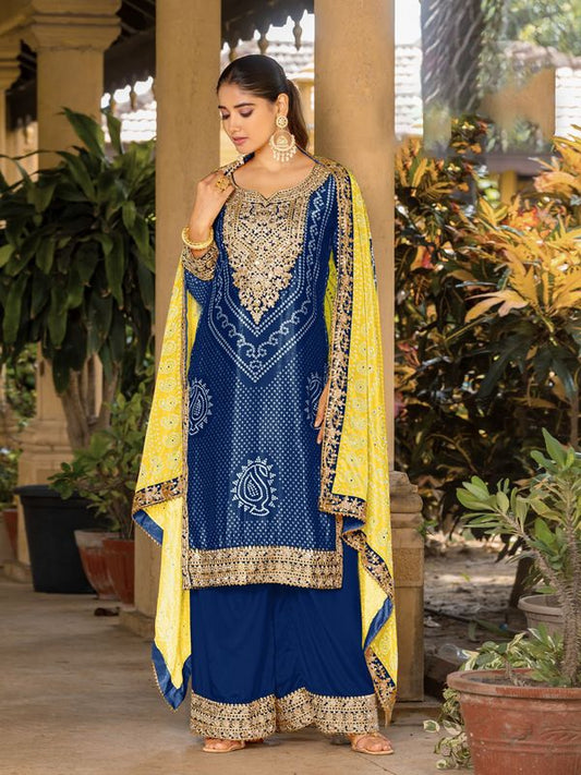 Blue Chinon Bandhani Printed Heavy Salwar Kameez With Jari And Mirror Embroidery Work