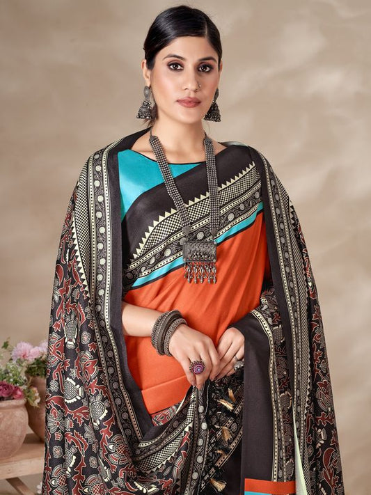 Winter Special Orange Color Pashmina Saree With Fancy Shawl For Wedding Looks