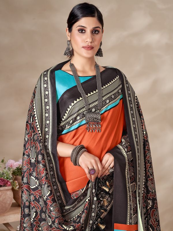 Winter Special Orange Color Pashmina Saree With Fancy Shawl For Wedding Looks