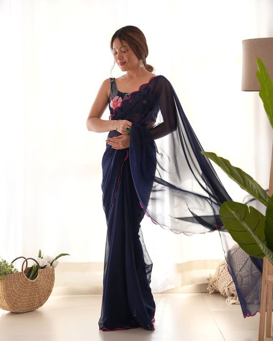 Navy Blue Color Solid Plain Georgette Saree With Graceful Embroidered Blouse