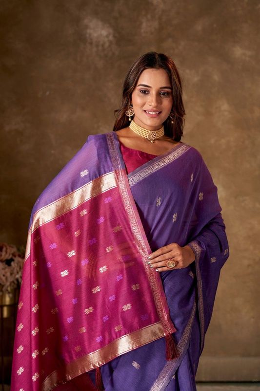 Lavender Cotton Woven Saree With Tassels on Pallu and Stitched Lavender Blouse