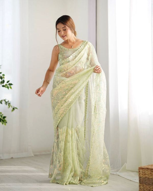 Pista Heavy Sequance Embroidery Work Mono Net Saree