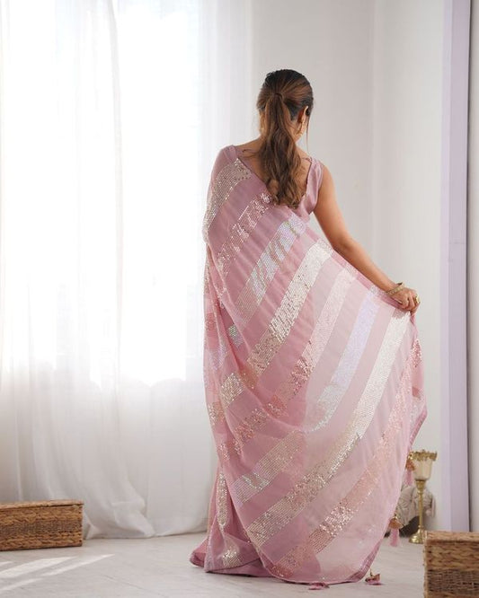 Pink Color Glamorous Georgette Fabric Sequins Work Bollywood Looks Saree