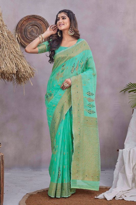 Sea Green Wevon Jacquard Designer Linen Saree