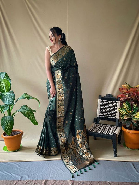 Green Weaving Jacquard Jari Designer Soft Silk Saree