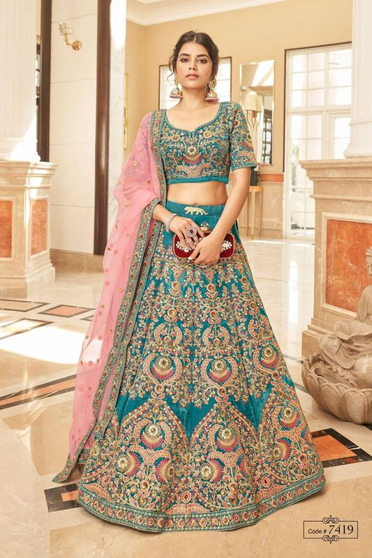 Teal Blue Women's Velvet Embroidery Lehenga Choli