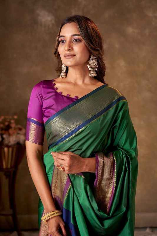 Dark Green Cotton Striped Saree and Stitched Purple Blouse