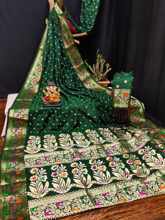 Green Paithani Silk Wevon Border Pallu Designer Saree With Bandhej Work