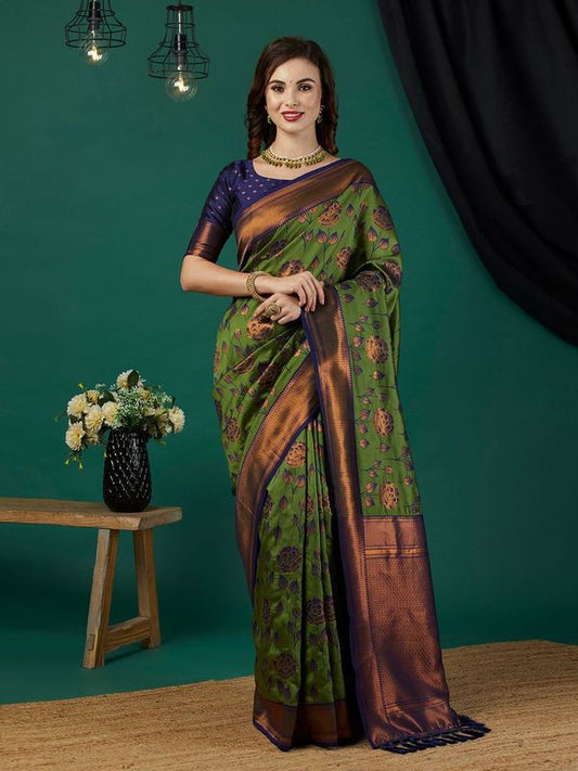 Green Color Ethnic Banarasi Silk Saree With Floral Woven Designer Looks