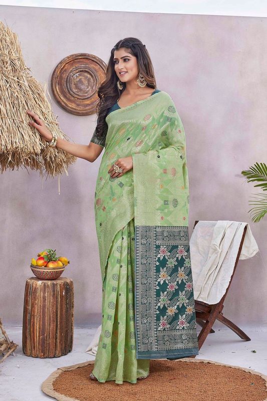 Pista Color Glamorous Wevon Jacquard Designer Silk Blend Wedding Season Saree