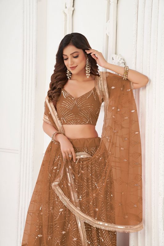 Brown Color Glamorous Heavy Embroidery Work Wedding Reception Wear Bridesmaid Lehenga