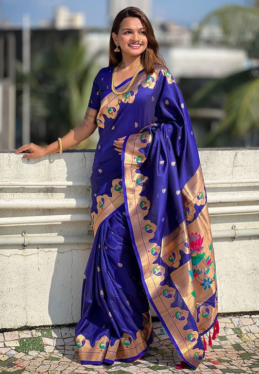 Blue Wevon Paithani Meenakari Designer Saree For Graceful Party Looks